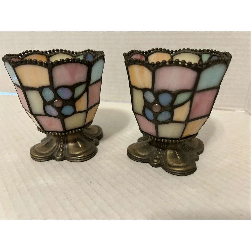 PartyLite Hydrangea Stained Glass Votive Tea Light Candle Holder Set Of 2